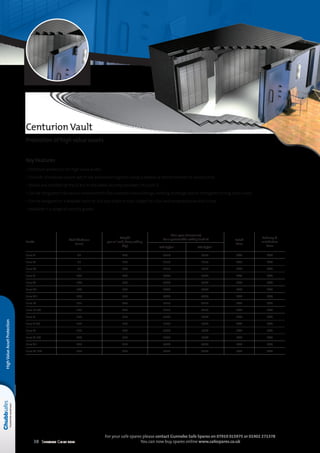38 Selection Guide 2014
For your safe spares please contact Gunnebo Safe Spares on 07919 015975 or 01902 271378
You can now buy spares online www.safespares.co.uk
Key Features
• Optimum protection for high value assets
• Consists of modular panels which are assembled together using a welded or bolted method of construction
• Tested and certified by the ECB•S to the latest security standard, EN 1143-1
• Can be integrated into various environments (for example new buildings, existing buildings and to strengthen strong room units)
• Can be designed on a bespoke basis, to suit any shape or size, subject to a full and comprehensive site survey
• Available in a range of security grades
Centurion Vault
Protection of high value assets
Grade
Wall thickness
(mm)
Weight
per m2
wall, floor, ceiling
(kg)
Max span (clearance)
for a permissible ceiling load of Retail
Price
Delivery 
Installation
Price100 kp/m2
500 kp/m2
Euro V 85 300 3350 3350 POA POA
Euro VI 85 300 3350 3350 POA POA
Euro VII 85 300 3350 3350 POA POA
Euro V 100 360 4000 4000 POA POA
Euro VI 100 360 4000 4000 POA POA
Euro VII 100 360 4000 4000 POA POA
Euro VIII 100 360 4000 4000 POA POA
Euro IX 125 440 5250 4750 POA POA
Euro IX CD 125 440 5250 4750 POA POA
Euro X 150 520 5200 5000 POA POA
Euro X CD 150 520 5200 5000 POA POA
Euro XI 220 730 5060 5060 POA POA
Euro XI CD 220 730 5060 5060 POA POA
Euro XII 280 920 4960 4960 POA POA
Euro XII CD 280 920 4960 4960 POA POA
HighValueAssetProtection
 