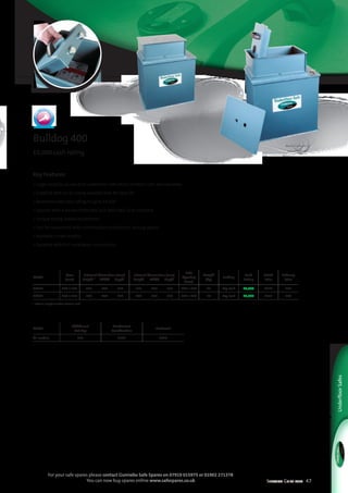 Selection Guide 2014 47
For your safe spares please contact Gunnebo Safe Spares on 07919 015975 or 01902 271378
You can now buy spares online www.safespares.co.uk
UnderfloorSafes
Key Features
• Large capacity square door underfloor safe which protects cash and valuables
• Supplied with an air pump assisted door for easy lift
• Recommended cash rating of up to £6,000
• Secured with a double bitted key lock (VdS class 1) as standard
• Unique spring loaded escutcheon
• Can be customised with combination or electronic locking option
• Available in two models
• Supplied with full installation instructions
Bulldog 400
£6,000 cash rating
Model
Additional
Cut Key
Mechanical
Combination
Electronic
All models £35 £141 £333
Model
Door
(mm)
External dimensions (mm)
	 Height *	 Width	 Depth
Internal dimensions (mm)
	Height	 Width	 Depth
Safe
Opening
(mm)
Weight
(kg)
Locking
Cash
Rating
Retail
Price
Delivery
Price
CBS11 356 x 255 	 425	 490	 350 	 255	 458	 330 240 x 300 45 Key Lock £6,000 £810 £60
CBS12 356 x 255 	 590	 490	 350 	 420	 458	 330 240 x 300 50 Key Lock £6,000 £871 £60
* External height includes 150mm neck
Model above is
CBS12
VdS Class 1
 