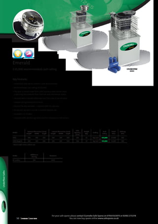 50 Selection Guide 2014
For your safe spares please contact Gunnebo Safe Spares on 07919 015975 or 01902 271378
You can now buy spares online www.safespares.co.uk
Key Features
• Underfloor safe which protects cash and valuables
• Recommended cash rating of £35,000
• The door is constructed from solid stainless steel 45mm thick
protecting the contents from thermal and mechanical attack
• Secured with a double bitted key lock (VdS class 2) as standard
• Unique spring loaded escutcheon
• Deposit facility available – supplied with 35 capsules
• All deposit versions include a lockable deposit cap
• Available in 2 models
• Supplied with reinforcing mesh and full installation instructions
Emerald
£35,000 recommended cash rating
Model
External dimensions (mm)
	Height*	 Width	 Depth
Internal dimensions (mm)
	Height	 Width	 Depth
Safe
Opening
(mm)
Weight
(kg)
Locking
Cash
Rating
Retail
Price
Delivery
Price
EE23 	560	 300	 300 	300	 290	 290 140 32 Key Lock £35,000 £1,469 £60
EE24 Deposit 	560	 300	 300 	300	 290	 290 140 32 Key Lock £35,000 £1,647 £60
* External height includes a 220mm neck
Model
Additional
Cut Key
Electronic
All models £35 £333
UnderfloorSafes
Model above is
EE24D
TOP SELLER VdS Class 2
 