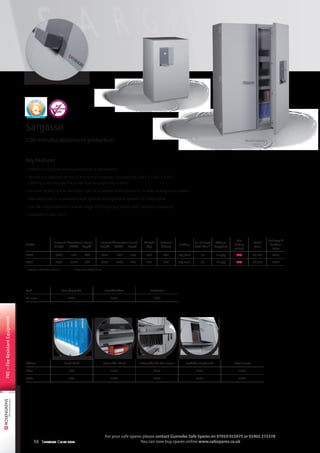 56 Selection Guide 2014
For your safe spares please contact Gunnebo Safe Spares on 07919 015975 or 01902 271378
You can now buy spares online www.safespares.co.uk
FRE–FireResistantEquipment
Key Features
• Optimum solution for the protection of documents
• Tested and certified by the ECB•S to the European standard EN 1047-1 Class S 120 P
Offering 120 minutes fire protection for paper documents
• Secured by key lock as standard. Can be equipped with electronic or dual locking as an option
• Manufactured in accordance with Quality Management System ISO 9001:2008
• Can be customised with a wide range of fittings (e.g. fixed shelf, lockable cupboard)
• Available in two sizes
Sargasso
120 minutes document protection
Model
External dimensions (mm)
	Height	 Width	Depth*
Internal dimensions (mm)
	Height	 Width	 Depth
Weight
(kg)
Volume
(litres)
Locking
No. of Lever
Arch Files**
Fittings
Supplied
Fire
Rating
(mins)
Retail
Price
Delivery 
Position
Price
P120 	 1403	 890	 664 	 1203	 733	 434 458 383 Key Lock 30 Empty 120 £3,772 £225
P177 	 1970	 1250	 664 	 1770	 1093	 434 801 840 Key Lock 75 Empty 120 £5,956 £407
* Projection of handle is 50mm	 ** Lever Arch width 75mm
Fitting Fixed Shelf Extensible Shelf Extensible A4 File Frame Lockable Cupboard Data Insert
P120 £36 £109 £174 £301 £968
P177 £42 £146 £278 £570 £968
Lock Two Key Locks Combination Electronic
All sizes £155 £141 £333
Model above is
P177
EN 1047-1
120 minutes
 