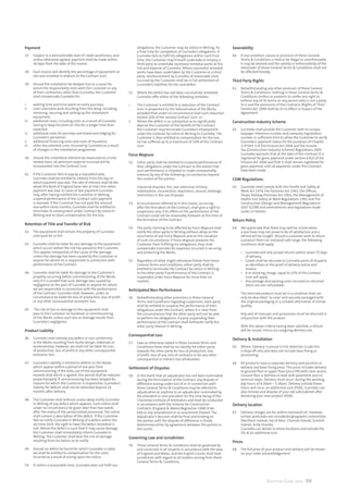 Selection Guide 2014 59
Payment
37.	 Subject to a demonstrable level of credit worthiness, and
unless otherwise agreed, payment shall be made within
30 days from the date of the invoice.
38.	 Each invoice will identify the percentage of equipment on
site and installed in relation to the Contract Sum.
39.	 Should the installation be delayed due to a cause for
which the responsibility rests with the Customer or any
of their contractors other than Gunnebo, the Customer
shall compensate Gunnebo for:
i.	 waiting time and time spent on extra journeys;
ii.	 costs and extra work resulting from the delay, including
removing, securing and setting up the installation
equipment;
iii.	 additional costs, including costs as a result of Gunnebo
having to keep his plant on Site for a longer time than
expected;
iv.	 additional costs for journeys and board and lodging for
Gunnebo’s personnel;
v.	 additional financing costs and costs of insurance;
vi.	 other documented costs incurred by Gunnebo as a result
of changes in the installation programme.
40.	 Should the installation element be measured on a time
related basis, all pertinent expense incurred will be
incorporated into the Contract Sum.
41.	 If the Customer fails to pay by a stipulated date,
Gunnebo shall be entitled to interest from the day on
which payment was due. The rate of interest shall be 8%
above the Bank of England base rate at that time when
payment was due. In cases of late payment Gunnebo
may, after having notified the Customer In Writing,
suspend performance of the Contract until payment
is received. If the Customer has not paid the amount
due within three months, Gunnebo shall be entitled to
terminate its employment under Contract by notice In
Writing and to claim compensation for the loss.
Retention of Title and Transfer of Risk
42.	 The equipment shall remain the property of Gunnebo
until paid for in full.
43.	 Gunnebo shall be liable for any damage to the equipment
which occurs before the risk has passed to the Customer.
This applies irrespective of the cause of the damage,
unless the damage has been caused by the Customer or
anyone for whom he is responsible in connection with
performance of the Contract.
44.	 Gunnebo shall be liable for damage to the Customer’s
property occurring before commissioning of the Works
only if it is proved that such damage was caused by
negligence on the part of Gunnebo or anyone for whom
we are responsible in connection with the performance
of the Contract. Gunnebo shall, however, under no
circumstance be liable for loss of production, loss of profit
or any other consequential economic loss.
45.	 The risk of loss or damage to the equipment shall
pass to the Customer on handover or commissioning
of the Works, unless such loss or damage results from
Gunnebo’s negligence.
Product Liability
46.	 Gunnebo shall remedy any defect or non-conformity
in the Works resulting from faulty design, materials or
workmanship. However, we shall not be liable for loss
of production, loss of profit or any other consequential
economic loss.
47.	 Gunnebo’s liability is limited to defects in the Works
which appear within a period of one year from
commissioning. If the daily use of the equipment
exceeds that which is agreed, this period shall be reduced
proportionately. If commissioning has been delayed for
reasons for which the Customer is responsible, Gunnebo’s
liability for defects shall not be extended beyond 18
months after delivery.
48.	 The Customer shall without undue delay notify Gunnebo
In Writing of any defect which appears. Such notice shall
under no circumstance be given later than two weeks
after the expiry of the period stated previously. The notice
shall contain a description of the defect. If the Customer
fails to notify Gunnebo In Writing of a defect within the
set time limit, the right to have the defect remedied is
lost. Where the defect is such that it may cause damage,
the Customer shall immediately inform Gunnebo In
Writing. The Customer shall bear the risk of damage
resulting from his failure so to notify.
49.	 Should no defect be found for which Gunnebo is liable,
we shall be entitled to compensation for the costs
incurred as a result of acting upon the notice.
50.	 If, within a reasonable time, Gunnebo does not fulfil our
obligations, the Customer may, by notice In Writing, fix
a final time for completion of Gunnebo’s obligations. If
Gunnebo fails to fulfil his obligations within such final
time, the Customer may himself undertake or employ a
third party to undertake necessary remedial works at the
risk and expense of Gunnebo. Where successful remedial
works have been undertaken by the Customer or a third
party, reimbursement by Gunnebo of reasonable costs
incurred by the Customer shall be in full settlement of
Gunnebo’s liabilities for the said defect.
51.	 Where the defect has not been successfully remedied,
Gunnebo offer either of the following remedies:
i.	 The Customer is entitled to a reduction of the Contract
Sum in proportion to the reduced value of the Works,
provided that under no circumstance shall such reduction
exceed 10% of the revised Contract Sum, or;
ii.	 Where the defect is so substantial as to significantly
deprive the Customer of the benefit of the Contract,
the Customer may terminate Gunnebo’s employment
under the Contract by notice In Writing to Gunnebo. The
Customer is then entitled to compensation for the loss
he has suffered up to a maximum of 10% of the Contract
Sum.
Force Majeure
52.	 Either party shall be entitled to suspend performance of
their obligations under the Contract to the extent that
such performance is impeded or made unreasonably
onerous by any of the following circumstances beyond
the control of the parties:
industrial disputes, fire, war, extensive military
mobilisation, insurrection, requisition, seizure, embargo,
restrictions in the use of power.
53.	 A circumstance referred to in this clause, occurring
after the formation of the Contract, shall give a right to
suspension only if its effect on the performance of the
Contract could not be reasonably foreseen at the time of
the formation of the Contract.
54.	 The party claiming to be affected by Force Majeure shall
notify the other party In Writing without delay on the
occurrence of any Force Majeure and on the cessation
of such circumstance. If Force Majeure prevents the
Customer from fulfilling his obligations, they shall
compensate Gunnebo for expenses incurred in securing
and protecting the Works.
55.	 Regardless of what might otherwise follow from these
General Terms and Conditions, either party shall be
entitled to terminate the Contract by notice In Writing
to the other party if performance of the Contract is
suspended under Force Majeure for more than six
months.
Anticipated Non-Performance
56.	 Notwithstanding other provisions in these General
Terms and Conditions regarding suspension, each party
shall be entitled to suspend the performance of their
obligations under the Contract, where it is clear from
the circumstances that the other party will not be able
to perform his obligations. A party suspending their
performance of the Contract shall forthwith notify the
other party thereof In Writing.
Consequential Loss
57.	 Save as otherwise stated in these General Terms and
Conditions there shall be no liability for either party
towards the other party for loss of production, loss
of profit, loss of use, loss of contracts or for any other
consequential or indirect loss whatsoever.
Settlement of Disputes
58.	 In the event that an adjudicator has not been nominated
during the formulation of the Contract, any dispute or
difference arising under out of or in connection with
these General Terms  Conditions may be referred to
adjudication at anytime to an adjudicator nominated by
the president or vice-president for the time being of the
Chartered Institute of Arbitrators and shall be conducted
in accordance with the Scheme for Construction
Contracts (England  Wales) Regulation 1998 SI No
649 or any amendment or re-enactment thereof. The
Adjudicator’s decision shall be final and binding on
the parties until the dispute of difference is finally
determined either by agreement between the parties or
the courts.
Governing Law and Jurisdiction
59.	 These General Terms  Conditions shall be governed by
and construed in all respects in accordance with the laws
of England and Wales, and the English Courts shall have
jurisdiction with regard to all matters arising from these
General Terms  Conditions.
Severability
60.	 If any condition, clause or provision of these General
Terms  Conditions is held to be illegal or unenforceable,
it may be severed and the validity or enforceability of the
remainder of these General Terms  Conditions shall not
be affected thereby.
Third Party Rights
61.	 Notwithstanding any other provision of these General
Terms  Conditions, nothing in these General Terms 
Conditions confers or purports to confer any right to
enforce any of its terms on any person who is not a party
to it and the provisions of the Contracts (Rights of Third
Parties) Act 1999 shall be of no effect in respect of the
Agreement.
Construction Industry Scheme
62.	 Gunnebo shall provide the Customer with its unique
taxpayer reference number and company registration
number in sufficient time to allow the Customer to verify
Gunnebo’s payment status for the purposes of Chapter
3 of Part 3 of the Finance Act 2004 and the Income
Tax (Construction Industry Scheme) Regulations 2005.
Gunnebo warrants that at the date of this Contract it is
registered for gross payment under section 63(2) of the
Finance Act 2004 and that it shall remain registered for
gross payment until all payments under this Contract
have been made.
CDM Regulations
63.	 Gunnebo shall comply with the Health and Safety at
Work Act 1974, the Factories Act 1961, the Offices,
Shops, Railway Premises Act 1963, the Management of
Health and Safety at Work Regulations 1992 and The
Construction (Design and Management) Regulations
2007 (CDM) and amendments and regulations made
under or thereto.
Return Policy
64.	 We appreciate that there may well be a time when
a purchase may not prove to be of satisfaction and a
refund will be sought. Should a customer wish to return
a product from our standard safe range, the following
conditions shall apply:
	 •	 Gunnebo will only accept returns within seven (7) days 	
	 of delivery;
	 •	 Goods shall be returned to Gunnebo point of dispatch, 	
	 as identified on the proof of delivery notice and 	
	invoice;
	 •	 A re-stocking charge, equal to 25% of the Contract 	
	 Sum will apply.
	 •	 Any postage and packing costs incurred on returned 	
	 items are non-refundable.
The returned product must be in a condition that can
only be described “as new”and securely packaged with
the original packaging or a suitable alternative of similar
quality;
Any and all manuals and accessories must be returned in
conjunction with the product.
With the above criteria having been satisfied, a refund
will be issued, minus our outgoing delivery cost.
Delivery  Installation
65.	 Where ‘Delivery’is priced in this Selection Guide this
is drop off only and does not include base fixing or
positioning.
66.	 All products have a separate delivery and position or
delivery and base fixing price. This price includes delivery
to ground floor or upper floor (via a lift) with clear access.
Ground floor is defined as level with pavement and no
external steps. Delivery must occur during the working
day hours of 8.30am – 5.30pm. Delivery outside these
hours will incur an additional cost (POA). Gunnebo can
also remove and dispose of your old safe/cabinet after
delivering your new product (POA).
Delivery location
67.	 Delivery charges are for within mainland UK. However,
certain postcodes are considered geographic extremities
(Northern Ireland, Isle of Man, Channel Islands, Scottish
Islands, Scilly Islands).
Gunnebo can deliver to these locations and outside the
UK at an additional cost.
Prices
68.	 The full price of your product and delivery will be shown
on your order acknowledgement.
 