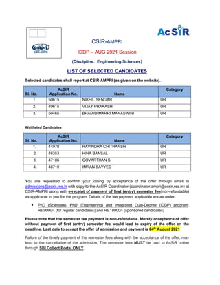 CSIR-AMPRI
IDDP – AUG 2021 Session
(Discipline: Engineering Sciences)
LIST OF SELECTED CANDIDATES
Selected candidates shall report at CSIR-AMPRI (as given on the website).
Sl. No.
AcSIR
Application No. Name
Category
1. 50615 NIKHIL SENGAR UR
2. 49615 VIJAY PRAKASH UR
3. 50465 BHAMIDIMARRI MANASWINI UR
Waitlisted Candidates
Sl. No.
AcSIR
Application No. Name
Category
1. 44970 RAVINDRA CHITRANSH UR
2. 46353 HINA BANSAL UR
3. 47186 GOVARTHAN S UR
4. 48719 IMRAN SAYYED UR
You are requested to confirm your joining by acceptance of the offer through email to
admissions@acsir.res.in with copy to the AcSIR Coordinator (coordinator.ampri@acsir.res.in) at
CSIR-AMPRI along with e-receipt of payment of first (entry) semester fee(non-refundable)
as applicable to you for the program. Details of the fee payment applicable are as under:
 PhD (Sciences), PhD (Engineering) and Integrated Dual-Degree (IDDP) program:
Rs.9000/- (for regular candidates) and Rs.18000/- (sponsored candidates)
Please note that the semester fee payment is non-refundable. Merely acceptance of offer
without payment of first (entry) semester fee would lead to expiry of the offer on the
deadline. Last date to accept the offer of admission and payment is 04th
August 2021
Failure of the timely payment of the semester fees along with the acceptance of the offer, may
lead to the cancellation of the admission. The semester fees MUST be paid to AcSIR online
through SBI Collect Portal ONLY.
The image part with relationship ID
rId9 was not found in the file.
The image part with relationship ID
rId9 was not found in the file.
 