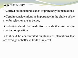 Where to select?
Carried out in natural stands or preferably in plantations
Certain considerations as importance in the choice of the
site for selection are as below,
Selection should be made from stands that are pure in
species composition
It should be concentrated on stands or plantations that
are average or better in traits of interest
 
