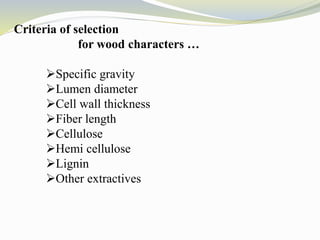 Criteria of selection
for wood characters …
Specific gravity
Lumen diameter
Cell wall thickness
Fiber length
Cellulose
Hemi cellulose
Lignin
Other extractives
 