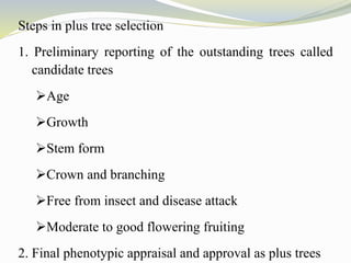Steps in plus tree selection
1. Preliminary reporting of the outstanding trees called
candidate trees
Age
Growth
Stem form
Crown and branching
Free from insect and disease attack
Moderate to good flowering fruiting
2. Final phenotypic appraisal and approval as plus trees
 