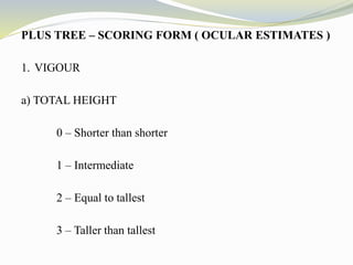 PLUS TREE – SCORING FORM ( OCULAR ESTIMATES )
1. VIGOUR
a) TOTAL HEIGHT
0 – Shorter than shorter
1 – Intermediate
2 – Equal to tallest
3 – Taller than tallest
 