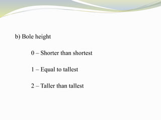 b) Bole height
0 – Shorter than shortest
1 – Equal to tallest
2 – Taller than tallest
 