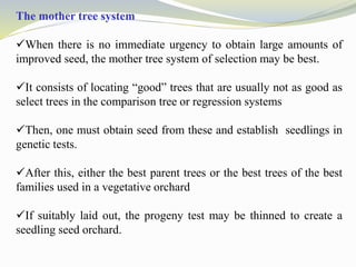 The mother tree system
When there is no immediate urgency to obtain large amounts of
improved seed, the mother tree system of selection may be best.
It consists of locating “good” trees that are usually not as good as
select trees in the comparison tree or regression systems
Then, one must obtain seed from these and establish seedlings in
genetic tests.
After this, either the best parent trees or the best trees of the best
families used in a vegetative orchard
If suitably laid out, the progeny test may be thinned to create a
seedling seed orchard.
 