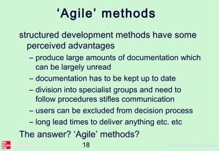 18 ©The McGraw-Hill Companies, 2
‘Agile’ methods
structured development methods have some
perceived advantages
– produce large amounts of documentation which
can be largely unread
– documentation has to be kept up to date
– division into specialist groups and need to
follow procedures stifles communication
– users can be excluded from decision process
– long lead times to deliver anything etc. etc
The answer? ‘Agile’ methods?
 