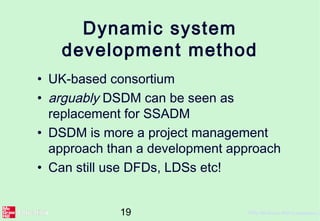 19 ©The McGraw-Hill Companies, 2
Dynamic system
development method
• UK-based consortium
• arguably DSDM can be seen as
replacement for SSADM
• DSDM is more a project management
approach than a development approach
• Can still use DFDs, LDSs etc!
 