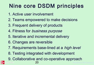 20 ©The McGraw-Hill Companies, 2
Nine core DSDM principles
1. Active user involvement
2. Teams empowered to make decisions
3. Frequent delivery of products
4. Fitness for business purpose
5. Iterative and incremental delivery
6. Changes are reversible
7. Requirements base-lined at a high level
8. Testing integrated with development
9. Collaborative and co-operative approach
 