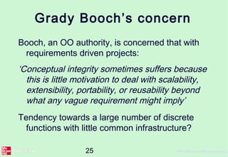 25 ©The McGraw-Hill Companies, 2
Grady Booch’s concern
Booch, an OO authority, is concerned that with
requirements driven projects:
‘Conceptual integrity sometimes suffers because
this is little motivation to deal with scalability,
extensibility, portability, or reusability beyond
what any vague requirement might imply’
Tendency towards a large number of discrete
functions with little common infrastructure?
 