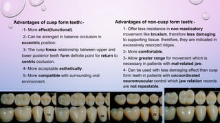 Advantages of non-cusp form teeth:-

Advantages of cusp form teeth:-1- More effect(functional).
2- Can be arranged in balance occlusion in
eccentric position.

1- Offer less resistance in non masticatory
movement like bruxism, therefore less damaging
to supporting tissue. therefore, they are indicated in
excessively resorped ridges.

3- The cusp fossa relationship between upper and
lower posterior teeth form definite point for return to
centric occlusion.

2- More comfortable.

4- More acceptable esthetically.

4- Can be used with less damaging effect than cusp
form teeth in patients with uncoordinated
neuromuscular control which jaw relation records
are not repeatable.

5- More compatible with surrounding oral
environment.

10

20

3- Allow greater range for movement which is
necessary in patients with mal-related jaw.

30

 