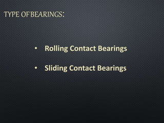 • Rolling Contact Bearings
• Sliding Contact Bearings
 