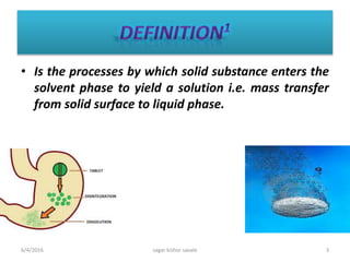 • Is the processes by which solid substance enters the
solvent phase to yield a solution i.e. mass transfer
from solid surface to liquid phase.
6/4/2016 3sagar kishor savale
 