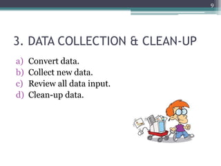3. DATA COLLECTION & CLEAN-UP
a) Convert data.
b) Collect new data.
c) Review all data input.
d) Clean-up data.
9
 