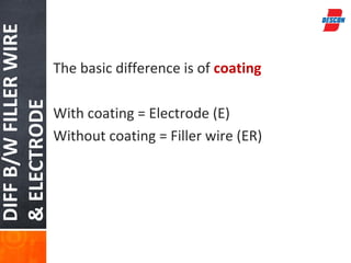 DIFF B/W FILLER WIRE

                       The basic difference is of coating
& ELECTRODE


                       With coating = Electrode (E)
                       Without coating = Filler wire (ER)
 