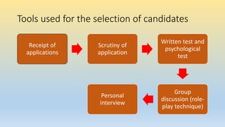 Tools used for the selection of candidates
Receipt of
applications
Scrutiny of
application
Written test and
psychological
test
Group
discussion (role-
play technique)
Personal
interview
 