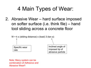 4 Main Types of Wear:
2. Abrasive Wear – hard surface imposed
on softer surface (i.e. think file) – hand
tool sliding across a concrete floor
W = k x (sliding distance) x (load) 3 (tan a)
Specific wear
rate
Inclined angle of
imposed tip of
abrasive particle
Note: Many system can be
combination of Adhesive and
Abrasive Wear!!
 