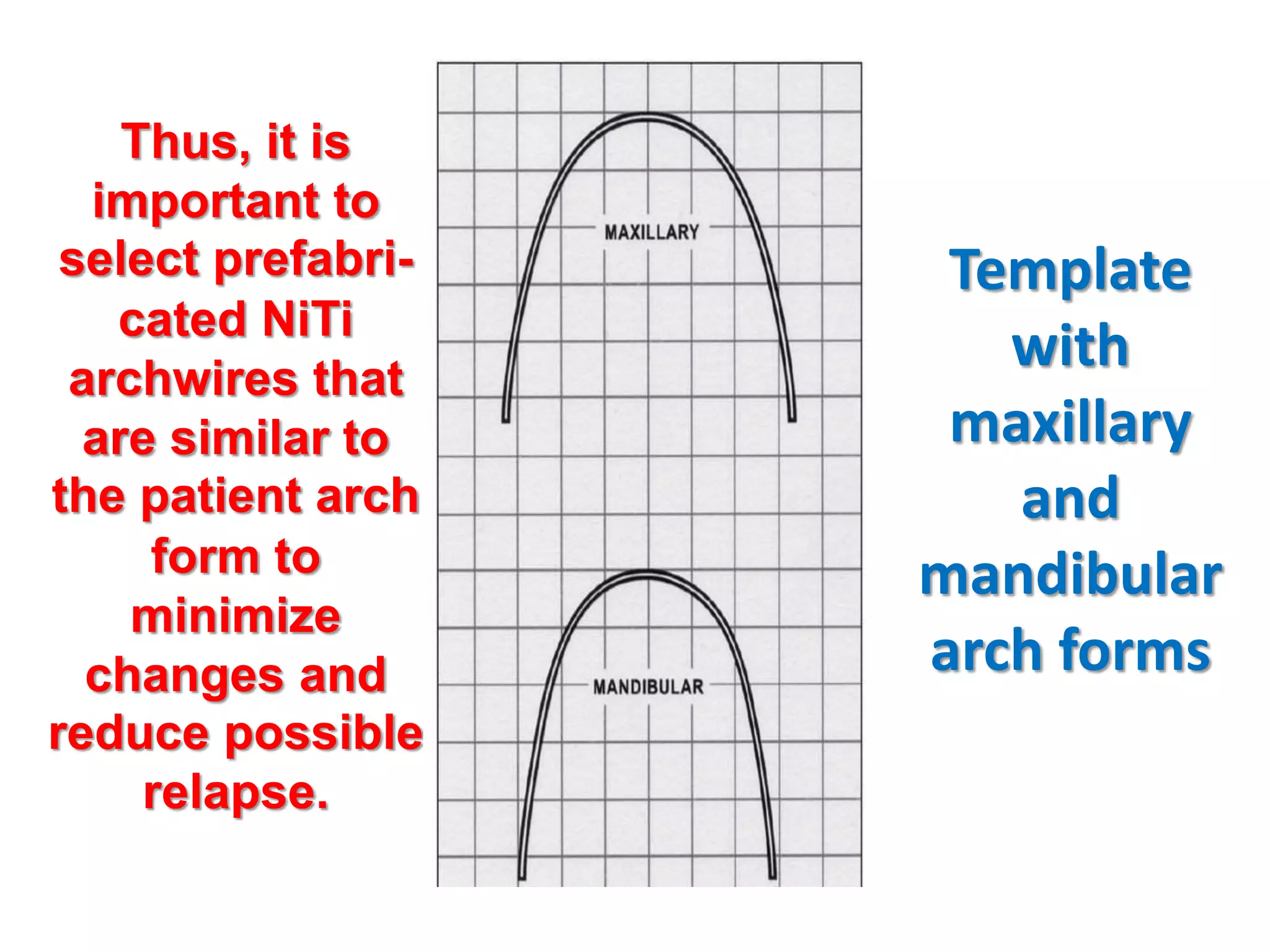 Thus, it is
important to
select prefabri-
cated NiTi
archwires that
are similar to
the patient arch
form to
minimize
changes and
reduce possible
relapse.
Template
with
maxillary
and
mandibular
arch forms
 