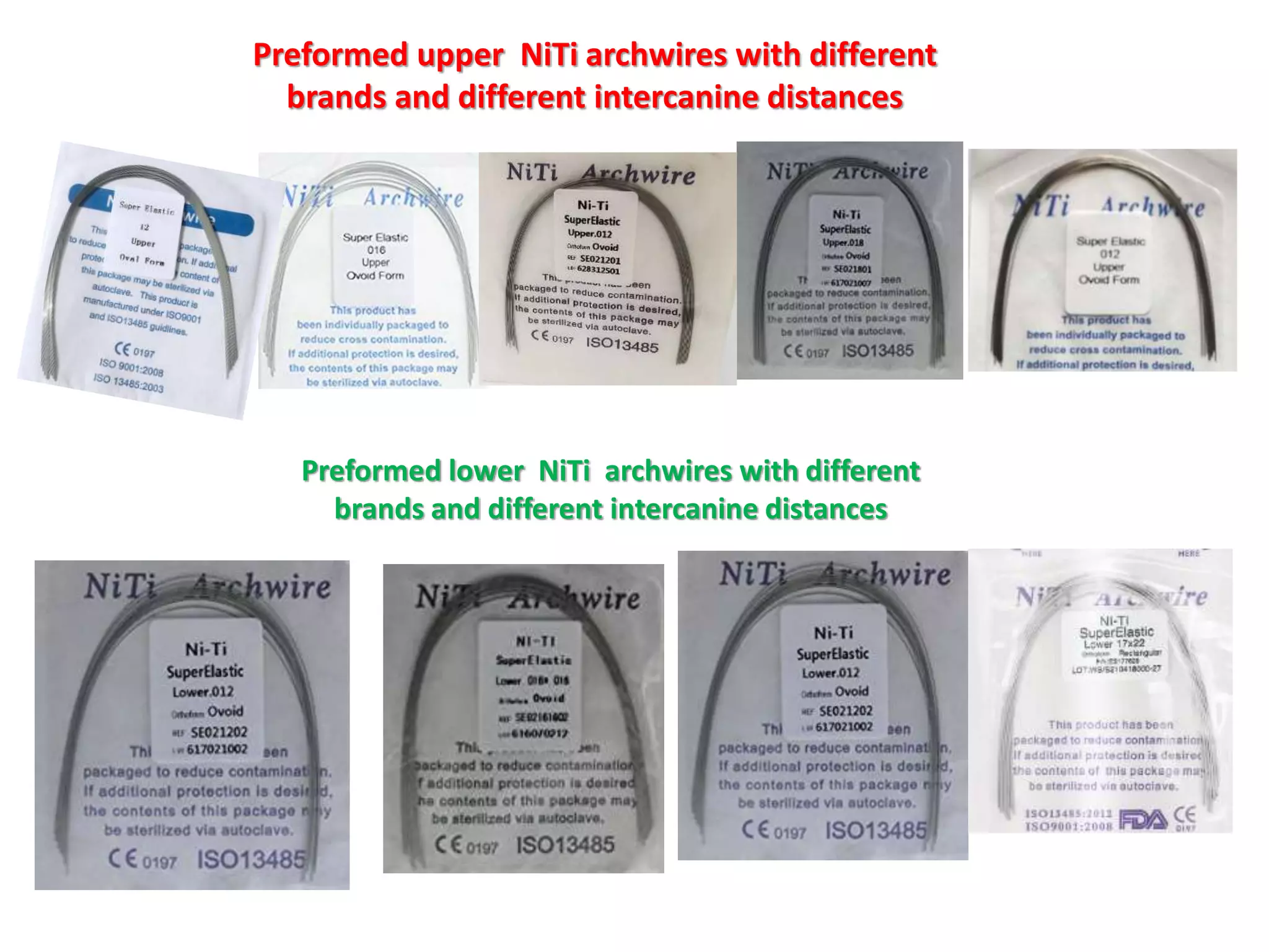 Preformed upper NiTi archwires with different
brands and different intercanine distances
Preformed lower NiTi archwires with different
brands and different intercanine distances
 