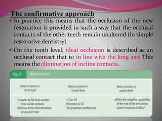 The confirmative approach
 In practice this means that the occlusion of the new
restoration is provided in such a way that the occlusal
contacts of the other teeth remain unaltered (in simple
restorative dentistry)
 On the tooth level, ideal occlusion is described as an
occlusal contact that is: in line with the long axis This
means the elimination of incline contacts.
 