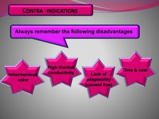 Always remember the following disadvantages
Inharmonious
color
High thermal
conductivity Lack of
adaptability
(cement line)
Time & cost
CONTRA -INDICATIONS
 