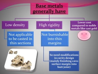 Base metals
generally have
Low density
Not applicable
to be casted in
thin sections
High rigidity
Not burnishable
into thin
margins
So need modifications
in cavity design
(mainly finishing cavo-
surface margin into
butt joint)
Lower cost
compared to noble
metals like cast gold
 