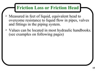 Friction Loss or Friction Head
   Measured in feet of liquid, equivalent head to
    overcome resistance to liquid flow in pipes, valves
    and fittings in the piping system.
   Values can be located in most hydraulic handbooks.
    (see examples on following pages)




                                                          15
 