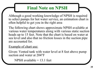 Final Note on NPSH
Although a good working knowledge of NPSH is required
to select pumps for hot water service, an estimation chart is
often helpful to get you in the right area
The following chart shows approximate NPSH available at
various water temperatures along with various static suction
heads up to 15 feet. Note that the chart is based on water at
sea level and also that no friction losses in the suction pipe
are accounted for.
Example of chart use:
Given: Vented tank with water level at 8 feet above pump
suction and water at 204°F
    NPSH available = 13.1 feet
                                                                 35
 