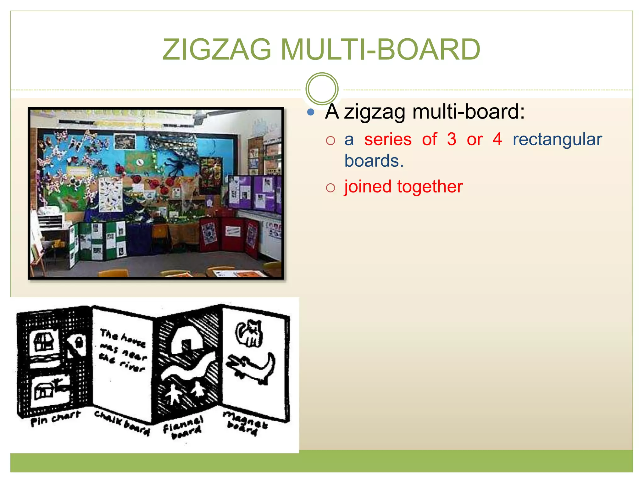 ZIGZAG MULTI-BOARD
 A zigzag multi-board:
 a series of 3 or 4 rectangular
boards.
 joined together
 