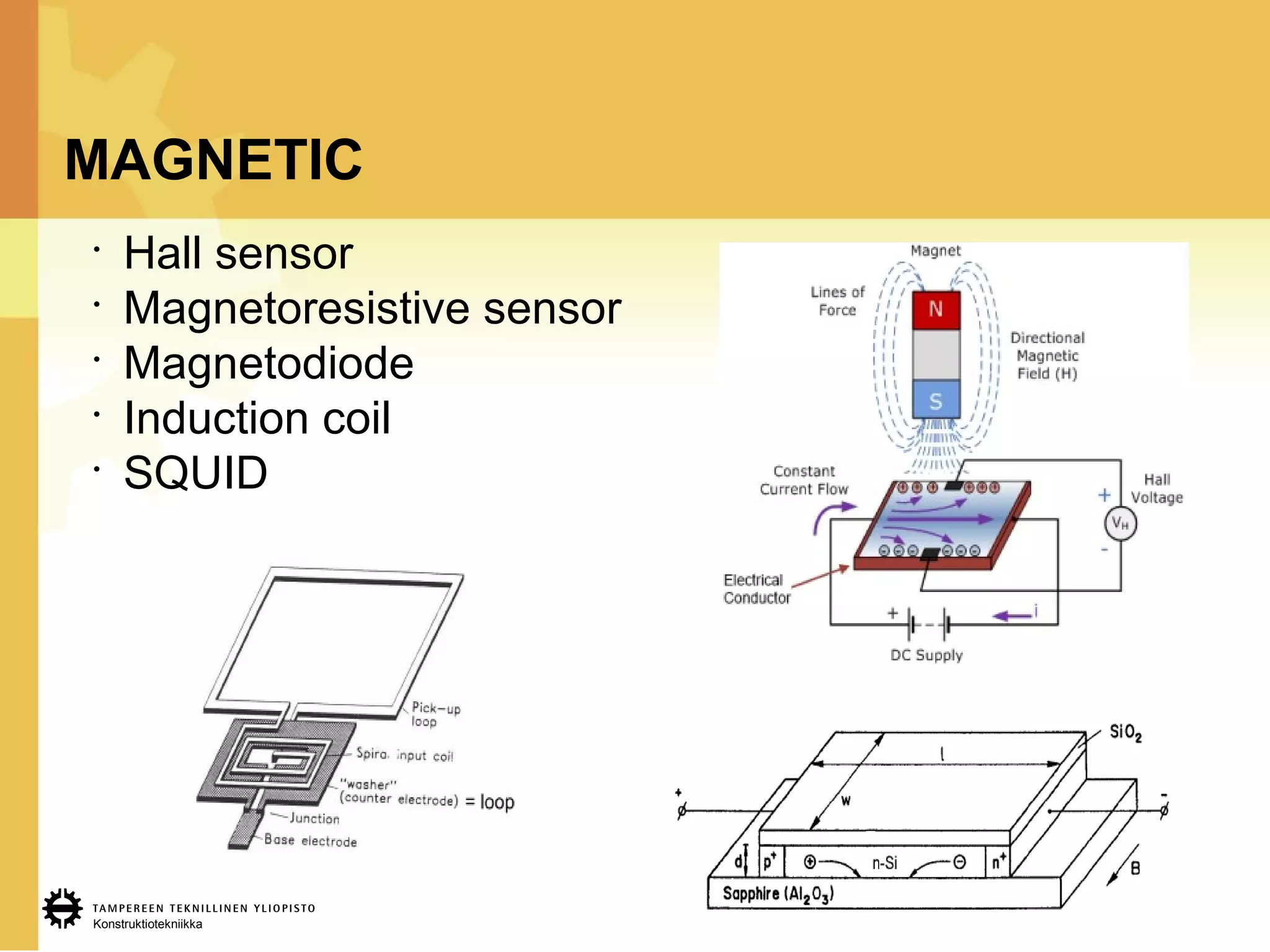 Konstruktiotekniikka
MAGNETIC
•
Hall sensor
•
Magnetoresistive sensor
•
Magnetodiode
•
Induction coil
•
SQUID
 