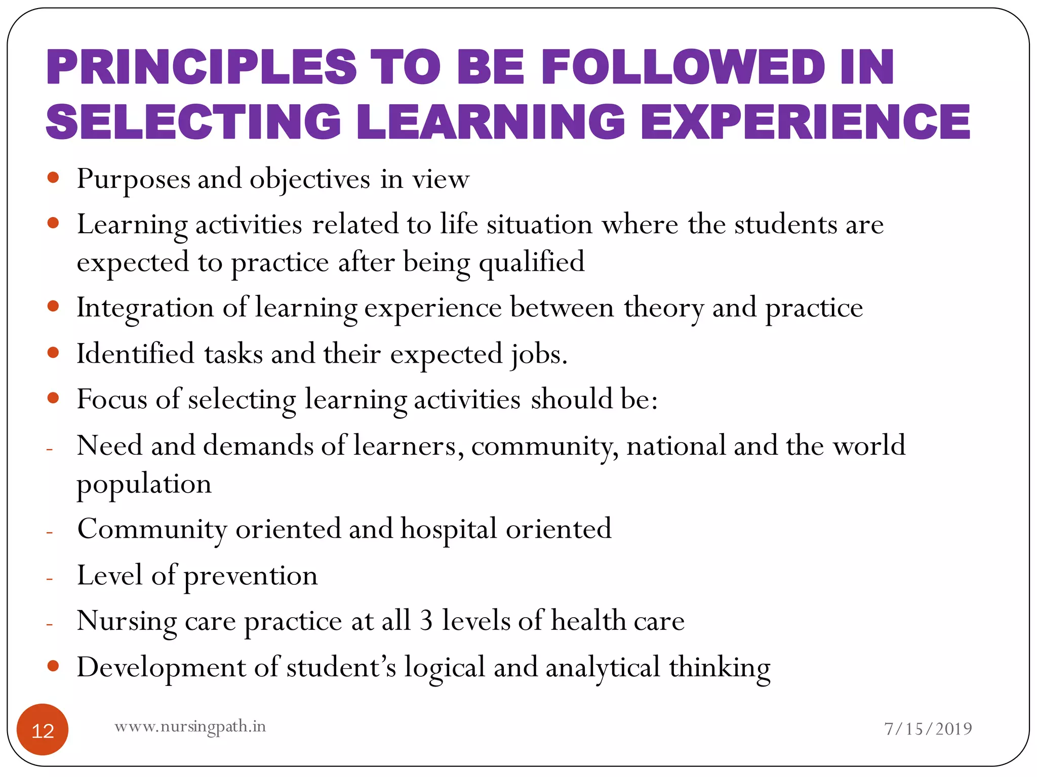 Organizing Learning Experiences Selection and organization of learning experience | PDF