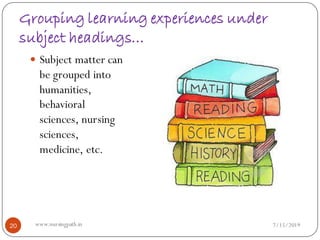 Grouping learning experiences under
subject headings…
 Subject matter can
be grouped into
humanities,
behavioral
sciences, nursing
sciences,
medicine, etc.
7/15/201920 www.nursingpath.in
 