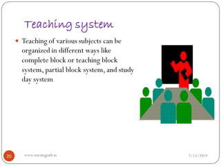 Teaching system
 Teaching of various subjects can be
organized in different ways like
complete block or teaching block
system, partial block system, and study
day system
7/15/201925 www.nursingpath.in
 