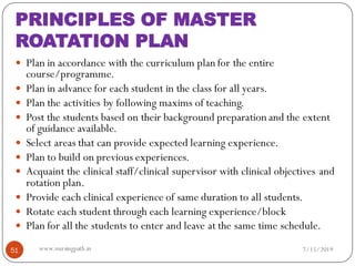 PRINCIPLES OF MASTER
ROATATION PLAN
 Plan in accordance with the curriculum plan for the entire
course/programme.
 Plan in advance for each student in the class for all years.
 Plan the activities by following maxims of teaching.
 Post the students based on their background preparation and the extent
of guidance available.
 Select areas that can provide expected learning experience.
 Plan to build on previous experiences.
 Acquaint the clinical staff/clinical supervisor with clinical objectives and
rotation plan.
 Provide each clinical experience of same duration to all students.
 Rotate each student through each learning experience/block
 Plan for all the students to enter and leave at the same time schedule.
7/15/201951 www.nursingpath.in
 