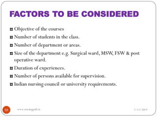 FACTORS TO BE CONSIDERED
Objective of the courses
Number of students in the class.
Number of department or areas.
Size of the department e.g. Surgical ward,MSW, FSW & post
operative ward.
Duration of experiences.
Number of persons available for supervision.
Indian nursing council or university requirements.
7/15/201955 www.nursingpath.in
 
