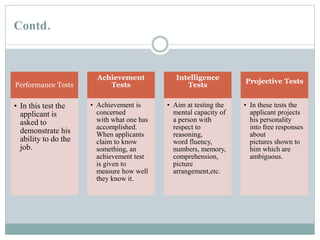 Contd.
Performance Tests
• In this test the
applicant is
asked to
demonstrate his
ability to do the
job.
Achievement
Tests
• Achievement is
concerned
with what one has
accomplished.
When applicants
claim to know
something, an
achievement test
is given to
measure how well
they know it.
Intelligence
Tests
• Aim at testing the
mental capacity of
a person with
respect to
reasoning,
word fluency,
numbers, memory,
comprehension,
picture
arrangement,etc.
Projective Tests
• In these tests the
applicant projects
his personality
into free responses
about
pictures shown to
him which are
ambiguous.
 