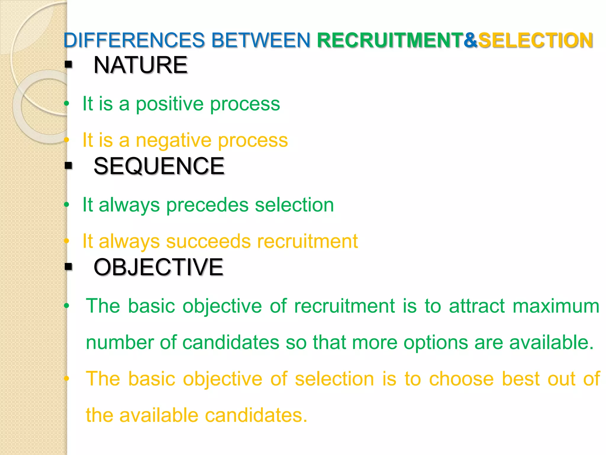 DIFFERENCES BETWEEN RECRUITMENT&SELECTION
 NATURE
• It is a positive process
• It is a negative process
 SEQUENCE
• It always precedes selection
• It always succeeds recruitment
 OBJECTIVE
• The basic objective of recruitment is to attract maximum
number of candidates so that more options are available.
• The basic objective of selection is to choose best out of
the available candidates.
 