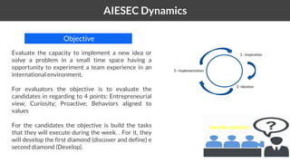1 AIESEC Dynamics
Objective
Evaluate the capacity to implement a new idea or
solve a problem in a small time space having a
opportunity to experiment a team experience in an
international environment.
For evaluators the objective is to evaluate the
candidates in regarding to 4 points: Entrepreneurial
view; Curiosity; Proactive; Behaviors aligned to
values
For the candidates the objective is build the tasks
that they will execute during the week. . For it, they
will develop the first diamond (discover and define) e
second diamond (Develop).
2- Ideation
3 - Implementation
1 - Inspiration
Use the creativity !
 