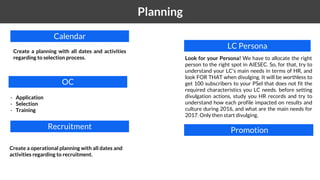 1 Planning
Look for your Persona! We have to allocate the right
person to the right spot in AIESEC. So, for that, try to
understand your LC's main needs in terms of HR, and
look FOR THAT when divulging. It will be worthless to
get 100 subscribers to your PSel that does not fit the
required characteristics you LC needs. before setting
divulgation actions, study you HR records and try to
understand how each profile impacted on results and
culture during 2016, and what are the main needs for
2017. Only then start divulging.
LC Persona
Calendar
OC
Create a planning with all dates and activities
regarding to selection process.
PromotionRecruitment
- Application
- Selection
- Training
Create a operational planning with all dates and
activities regarding to recruitment.
 