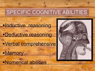Inductive reasoning
Deductive reasoning
Verbal comprehensive
Memory
Numerical abilities
 