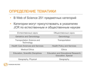 ОПРЕДЕЛЕНИЕ ТЕМАТИКИ
• В Web of Science 251 предметных категорий
• Категории могут присутствовать в указателях
JCR по естественным и общественным наукам
Естественные науки

Общественные науки

Geriatrics and Gerontology

Gerontology

Transportation Science and
Technology

Transportation

Health Care Sciences and Services

Health Policy and Services

Medical Ethics

Ethics

Education, Scientific Disciplines

Education and Educational Research;
Education, Special

Geography, Physical

Geography

 