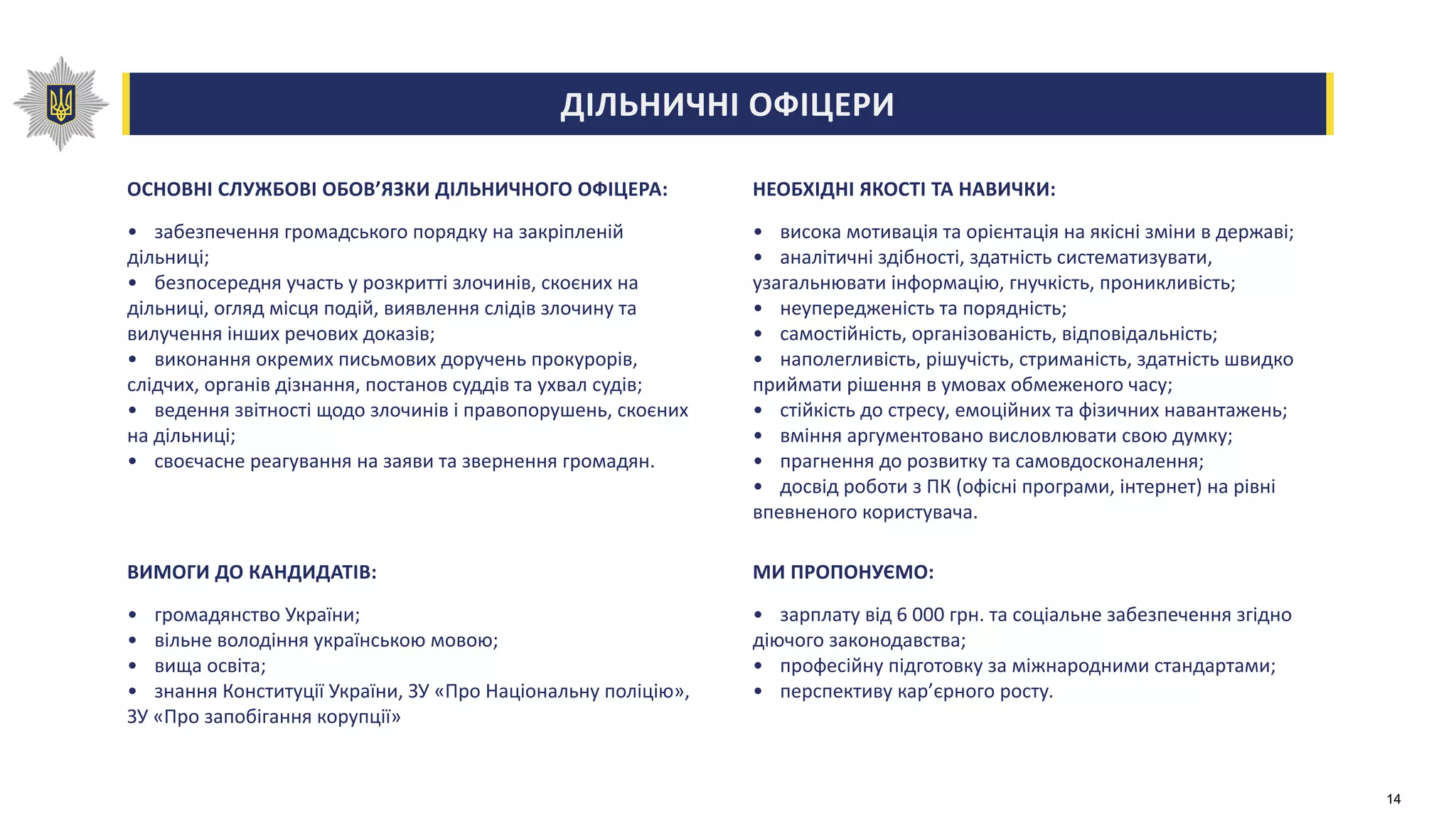 ДІЛЬНИЧНІ ОФІЦЕРИ
ОСНОВНІ СЛУЖБОВІ ОБОВ’ЯЗКИ ДІЛЬНИЧНОГО ОФІЦЕРА:
• забезпечення громадського порядку на закрiпленiй
дільниці;
• безпосередня участь у розкритті злочинів, скоєних на
дільниці, огляд місця подій, виявлення слідів злочину та
вилучення інших речових доказів;
• виконання окремих письмових доручень прокурорів,
слідчих, органів дізнання, постанов суддів та ухвал судів;
• ведення звітності щодо злочинів і правопорушень, скоєних
на дільниці;
• своєчасне реагування на заяви та звернення громадян.
ВИМОГИ ДО КАНДИДАТІВ:
• громадянство України;
• вільне володіння українською мовою;
• вища освіта;
• знання Конституції України, ЗУ «Про Національну поліцію»,
ЗУ «Про запобігання корупції»
НЕОБХІДНІ ЯКОСТІ ТА НАВИЧКИ:
• висока мотивація та орієнтація на якісні зміни в державі;
• аналітичні здібності, здатність систематизувати,
узагальнювати інформацію, гнучкість, проникливість;
• неупередженість та порядність;
• самостійність, організованість, відповідальність;
• наполегливість, рішучість, стриманість, здатність швидко
приймати рішення в умовах обмеженого часу;
• стійкість до стресу, емоційних та фізичних навантажень;
• вміння аргументовано висловлювати свою думку;
• прагнення до розвитку та самовдосконалення;
• досвід роботи з ПК (офісні програми, інтернет) на рівні
впевненого користувача.
МИ ПРОПОНУЄМО:
• зарплату від 6 000 грн. та соціальне забезпечення згідно
діючого законодавства;
• професійну підготовку за міжнародними стандартами;
• перспективу кар’єрного росту.
14
 