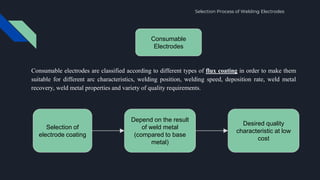 Selection Process of Welding Electrodes
Consumable electrodes are classified according to different types of flux coating in order to make them
suitable for different arc characteristics, welding position, welding speed, deposition rate, weld metal
recovery, weld metal properties and variety of quality requirements.
Consumable
Electrodes
Selection of
electrode coating
Depend on the result
of weld metal
(compared to base
metal)
Desired quality
characteristic at low
cost
 