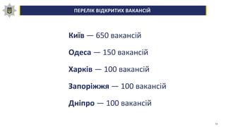 ПЕРЕЛІК ВІДКРИТИХ ВАКАНСІЙ
Київ — 650 вакансій
Одеса — 150 вакансій
Харків — 100 вакансій
Запоріжжя — 100 вакансій
Дніпро — 100 вакансій
13
 