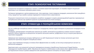 ЕТАП: ПСИХОЛОГІЧНЕ ТЕСТУВАННЯ
Психологічне тестування складається з питань з готовими варіантами відповідей, не потребує жодної спеціальної
підготовки та не покликане оцінювати рівень знань.
Тестування проводиться з метою виявлення рис, типу характеру, стилю поведінки кандидата, визначення його емоційного
стану, придатності до служби в умовах підвищеного психологічного навантаження.
Результати психологічного тесту не впливають на рейтинг кандидата та мають рекомендаційний характер і враховуються
поліцейською комісією при прийнятті рішення за результатами всіх етапів конкурсу.
ЕТАП: СПІВБЕСІДА З ПОЛІЦЕЙСЬКОЮ КОМІСІЄЮ
Під час співбесіди поліцейська комісія спілкується з кандидатом, вивчає надані матеріали та результати попередніх етапів
конкурсу.
Кандидати, рекомендовані поліцейською комісією до служби, включаються до рейтингу в межах кількості наявних
вакансій. Рейтинг будується на результатах тестування загальних навичок, професійного тесту та оцінки рівня фізичної
підготовки кандидатів.
Інформація про переможців конкурсу публікується на сайті Національної поліції не пізніше наступного дня після
підписання протоколу засідання поліцейської комісії.
У разі, якщо переможці конкурсу не можуть бути оформленими на службу, на їхнє місце запрошуються наступні за
рейтингом кандидати.
Звертаємо увагу, що в результаті успішного проходження конкурсу співробітники Національної Гвардії України,
Прикордонної служби України, ДСНС, Збройних Сил України та мобілізовані особи можуть бути оформленими на службу
до Національної поліції за умови завершення або припинення діючого контракту чи строку служби.
11
 