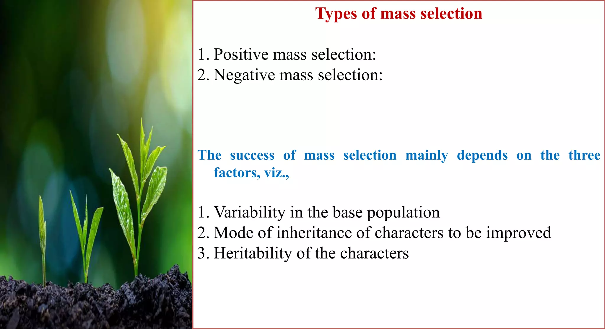 Types of mass selection
1. Positive mass selection:
2. Negative mass selection:
The success of mass selection mainly depends on the three
factors, viz.,
1. Variability in the base population
2. Mode of inheritance of characters to be improved
3. Heritability of the characters
 
