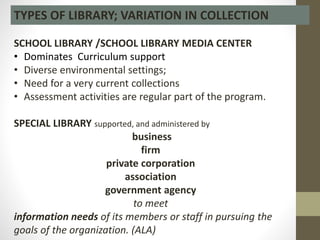 TYPES OF LIBRARY; VARIATION IN COLLECTION
SCHOOL LIBRARY /SCHOOL LIBRARY MEDIA CENTER
• Dominates Curriculum support
• Diverse environmental settings;
• Need for a very current collections
• Assessment activities are regular part of the program.
SPECIAL LIBRARY supported, and administered by
business
firm
private corporation
association
government agency
to meet
information needs of its members or staff in pursuing the
goals of the organization. (ALA)
 