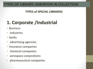 TYPES of SPECIAL LIBRARIES
1. Corporate /Industrial
• Business
• industries
• banks
• advertising agencies
• insurance companies
• chemical companies
• aerospace corporations
• pharmaceutical companies
TYPES OF LIBRARY; VARIATION IN COLLECTION
 